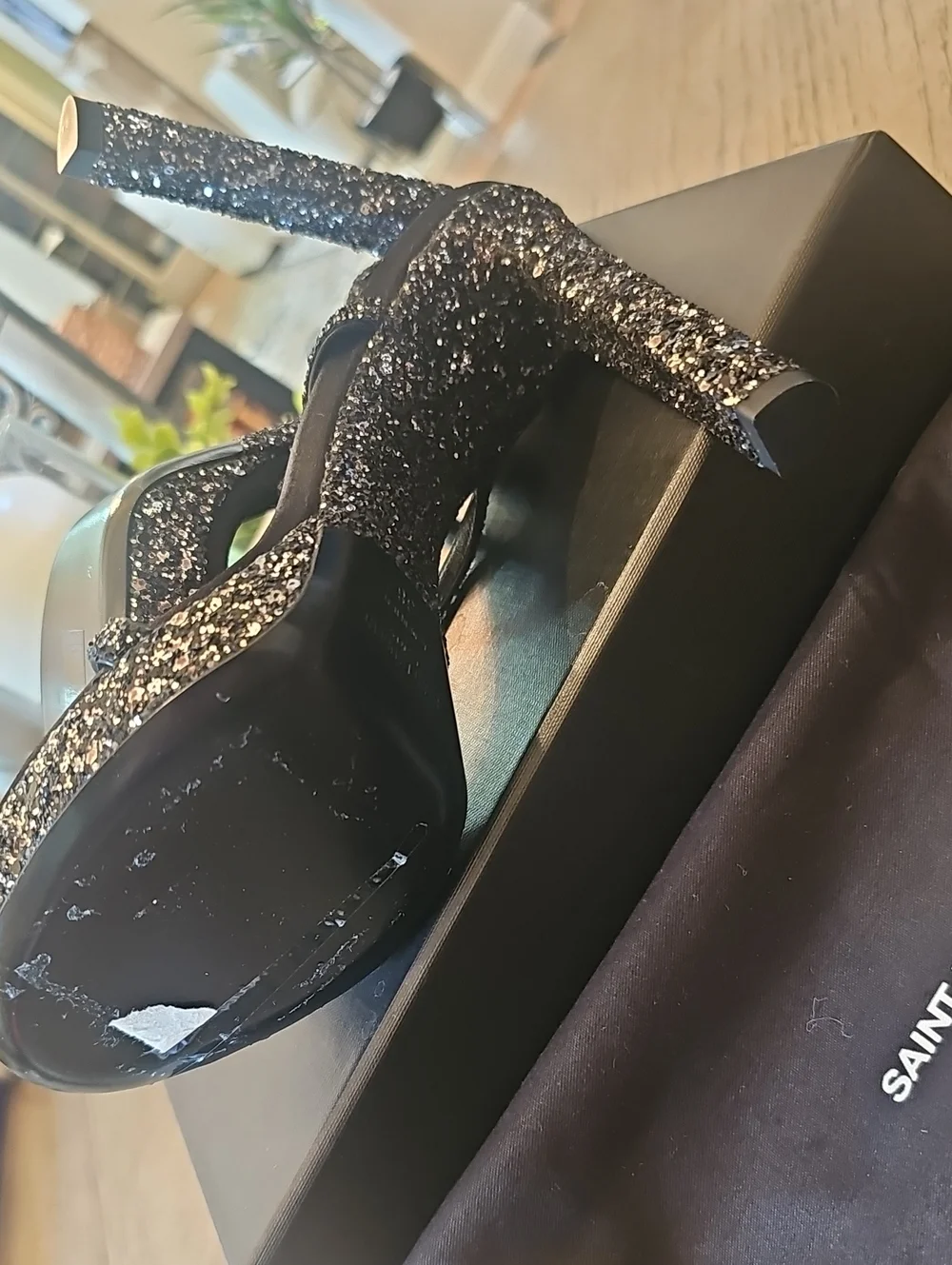 Saint Laurent Black Glitter Platform High Heel Sandals Size 38 NWT - Picture 7 of 15